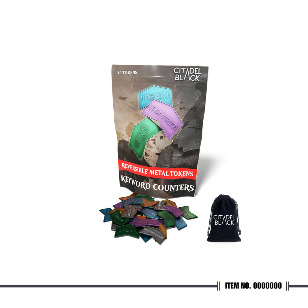 Citadel Black MTG Metal Keyword Counters - 24 Reversible Tokens with Pouch, Antique Finish